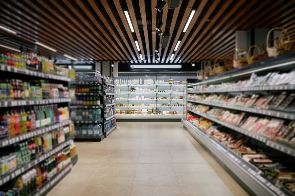 Store interior with various products displayed on well-organized shelves