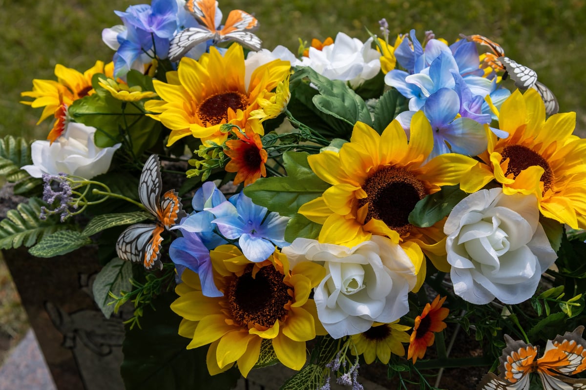 Colorful artificial flowers close-up view